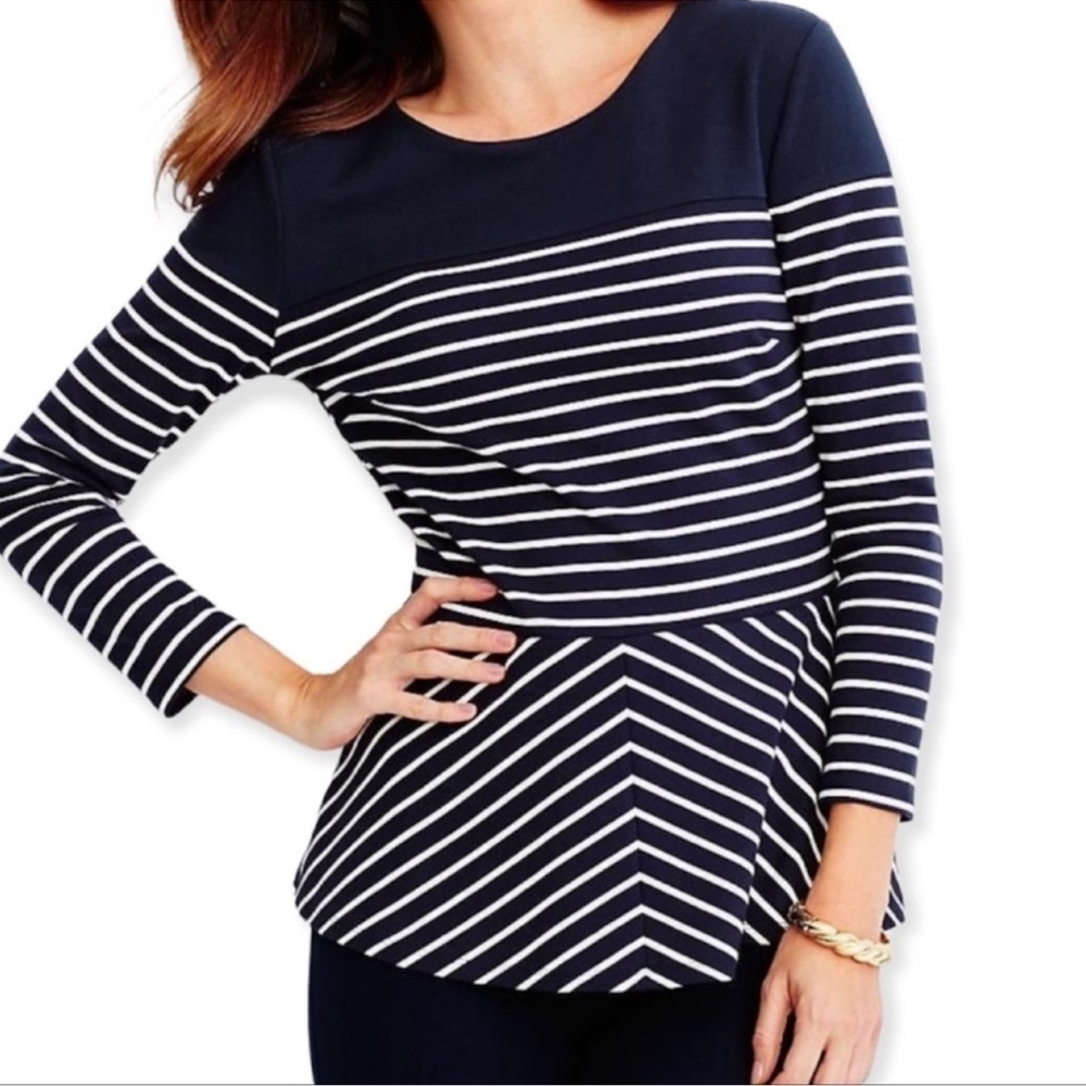 Talbots Navy & White Nautical‎ Stripe Peplum Ponte Knits Top​​​​